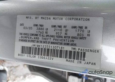 2005 Mazda Mazda3 S from USA, damaged, VIN JM1BK123551307181